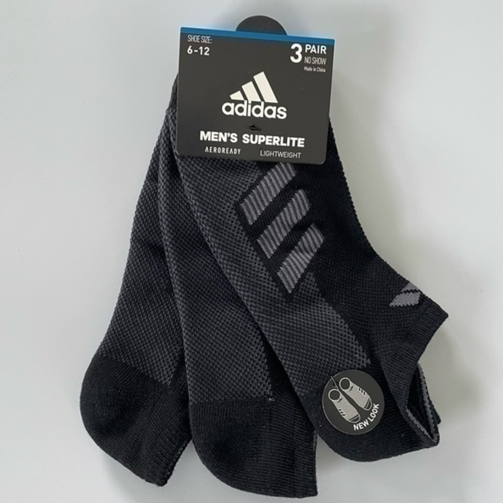 Adidas men’s no show socks 3 pack black gray size 6-12
